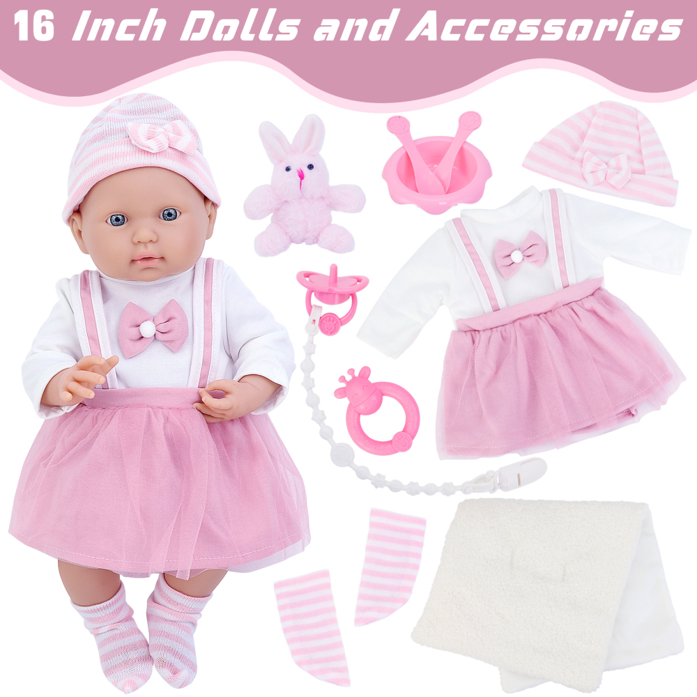 6 Inch Baby Doll Reborn 16" Baby Dolls Realistic Soft Silicone Baby Doll with Baby Doll Clothes (Dress & Hat & Socks), Ringing Bell,Pacifier, Toy Rabb