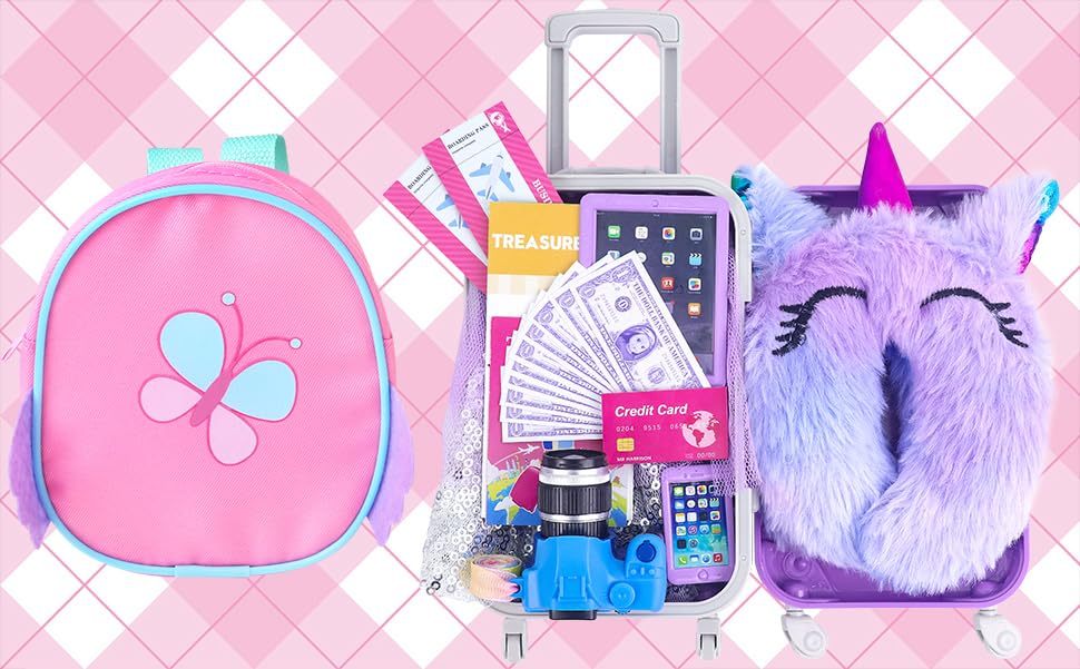 23 pcs American 18 Inch Doll Accessories Suitcase Travel Luggage Play Set for 18 Inch Doll Travel Carrier, Sunglasses Camera Computer Phone