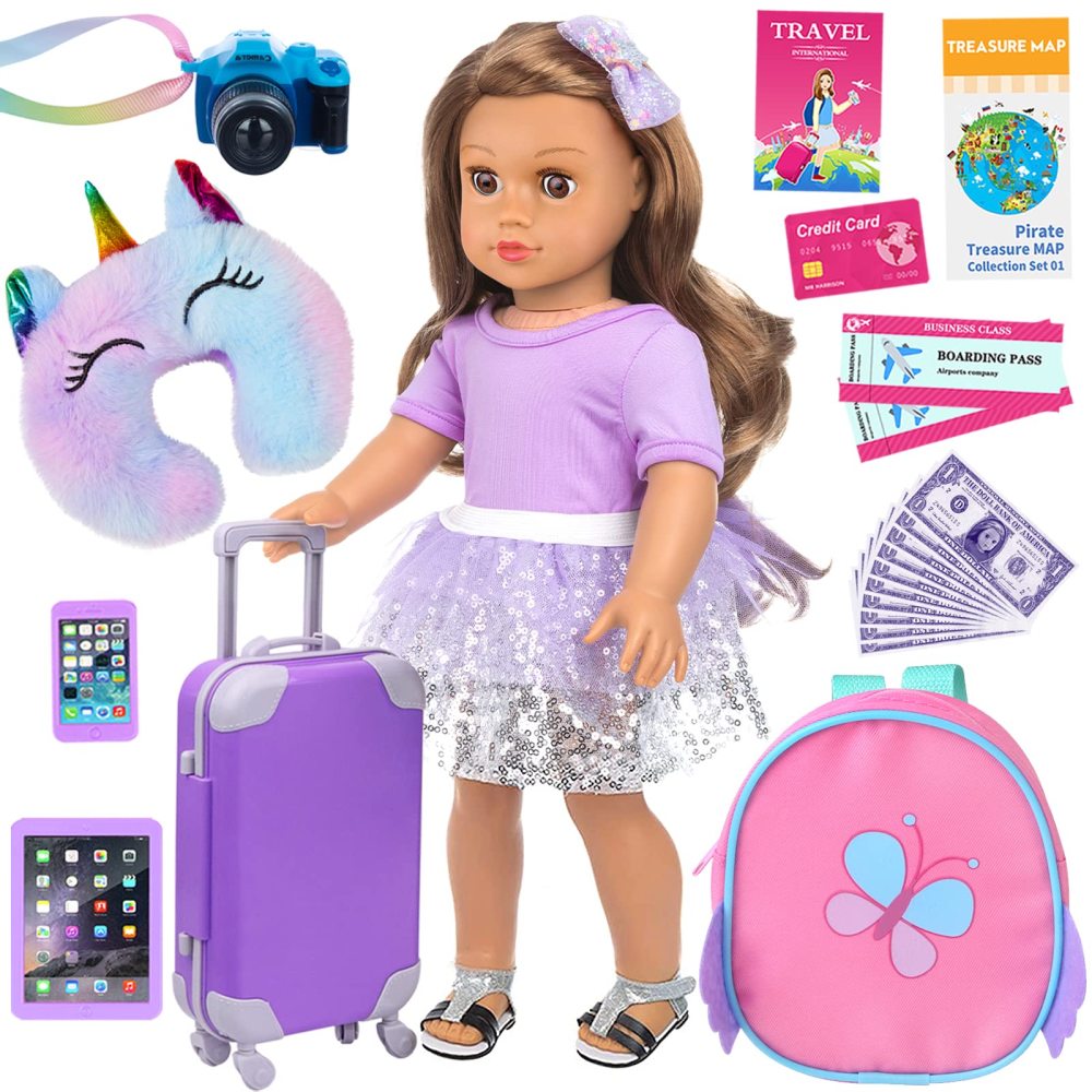 23 pcs American 18 Inch Doll Accessories Suitcase Travel Luggage Play Set for 18 Inch Doll Travel Carrier, Sunglasses Camera Computer Phone