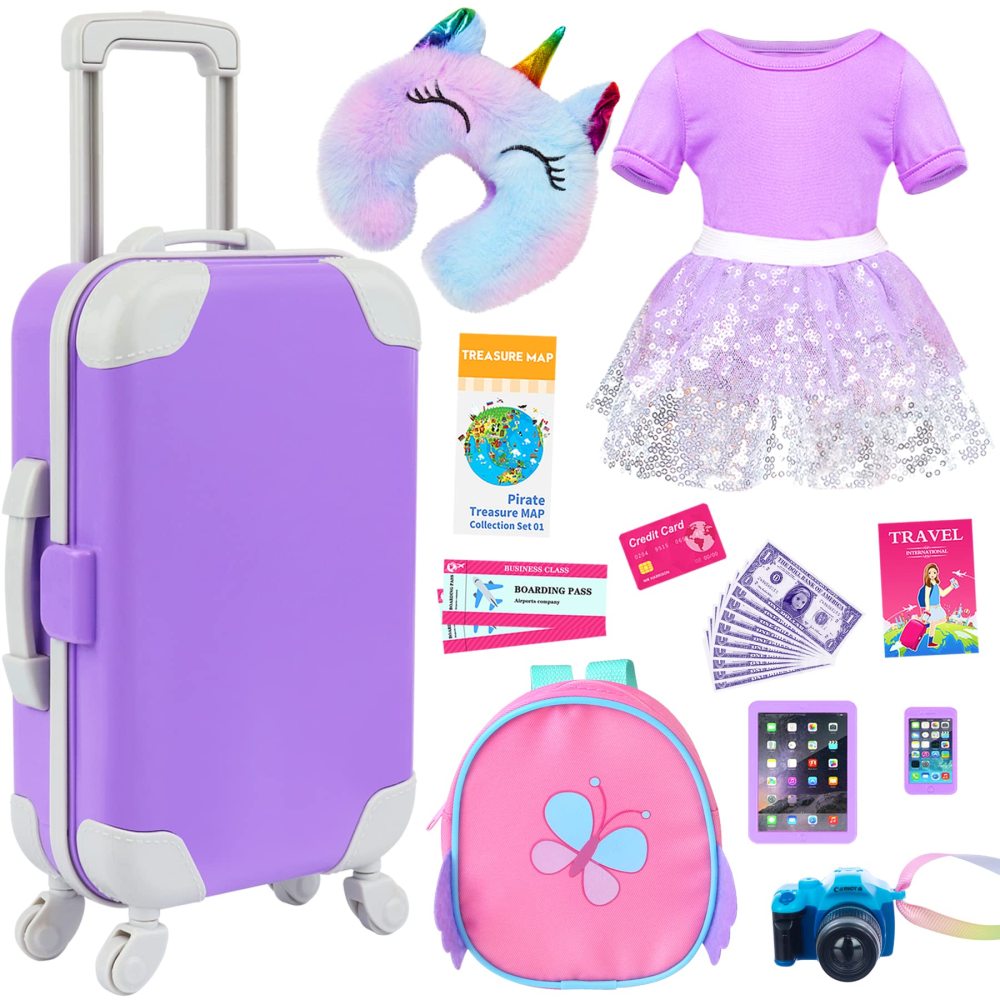23 pcs American 18 Inch Doll Accessories Suitcase Travel Luggage Play Set for 18 Inch Doll Travel Carrier, Sunglasses Camera Computer Phone
