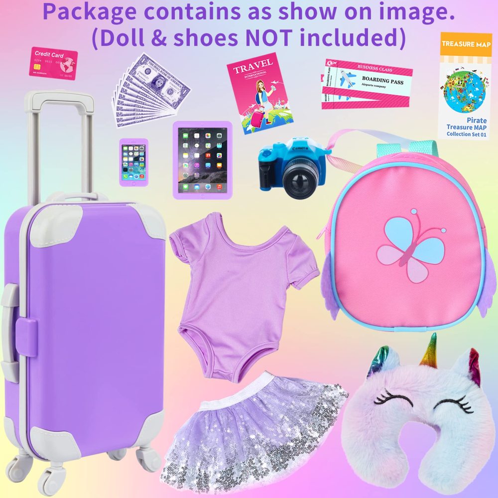 23 pcs American 18 Inch Doll Accessories Suitcase Travel Luggage Play Set for 18 Inch Doll Travel Carrier, Sunglasses Camera Computer Phone