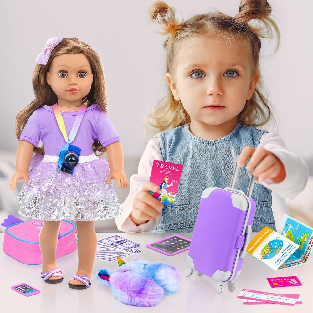 23 pcs American 18 Inch Doll Accessories Suitcase Travel Luggage Play Set for 18 Inch Doll Travel Carrier, Sunglasses Camera Computer Phone