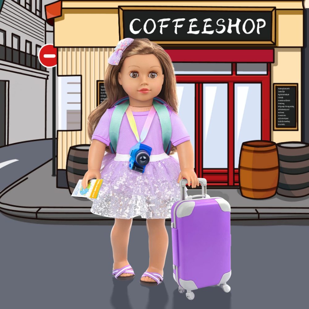 23 pcs American 18 Inch Doll Accessories Suitcase Travel Luggage Play Set for 18 Inch Doll Travel Carrier, Sunglasses Camera Computer Phone