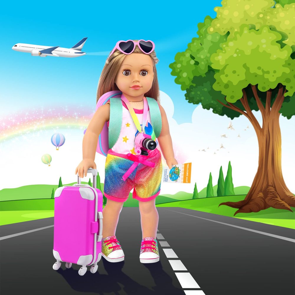 24 Pcs 18 Inch American Doll Accessories Clothes and Suitcase Set Including 18 Inch Doll Clothes Suitcase Backpack and Other Travel Set
