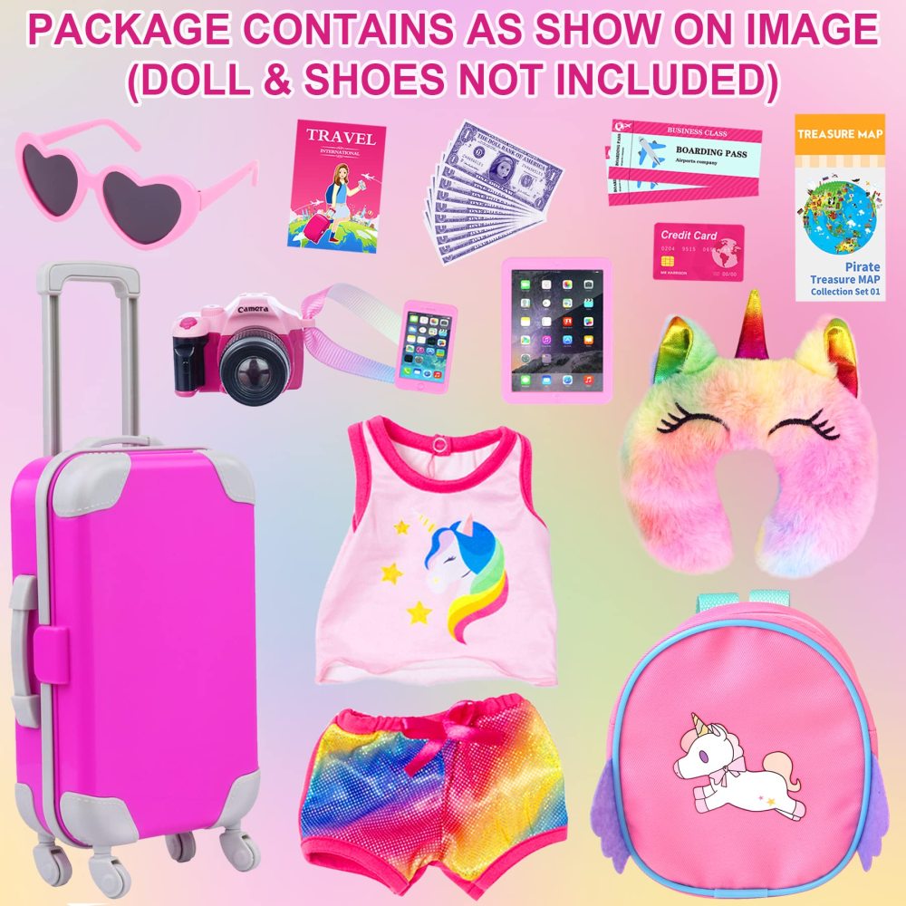 24 Pcs 18 Inch American Doll Accessories Clothes and Suitcase Set Including 18 Inch Doll Clothes Suitcase Backpack and Other Travel Set
