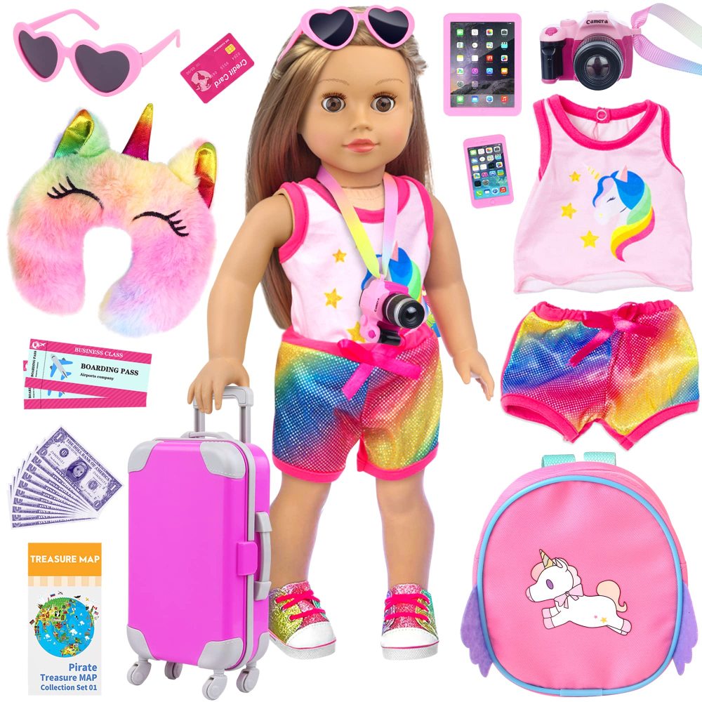 24 Pcs 18 Inch American Doll Accessories Clothes and Suitcase Set Including 18 Inch Doll Clothes Suitcase Backpack and Other Travel Set
