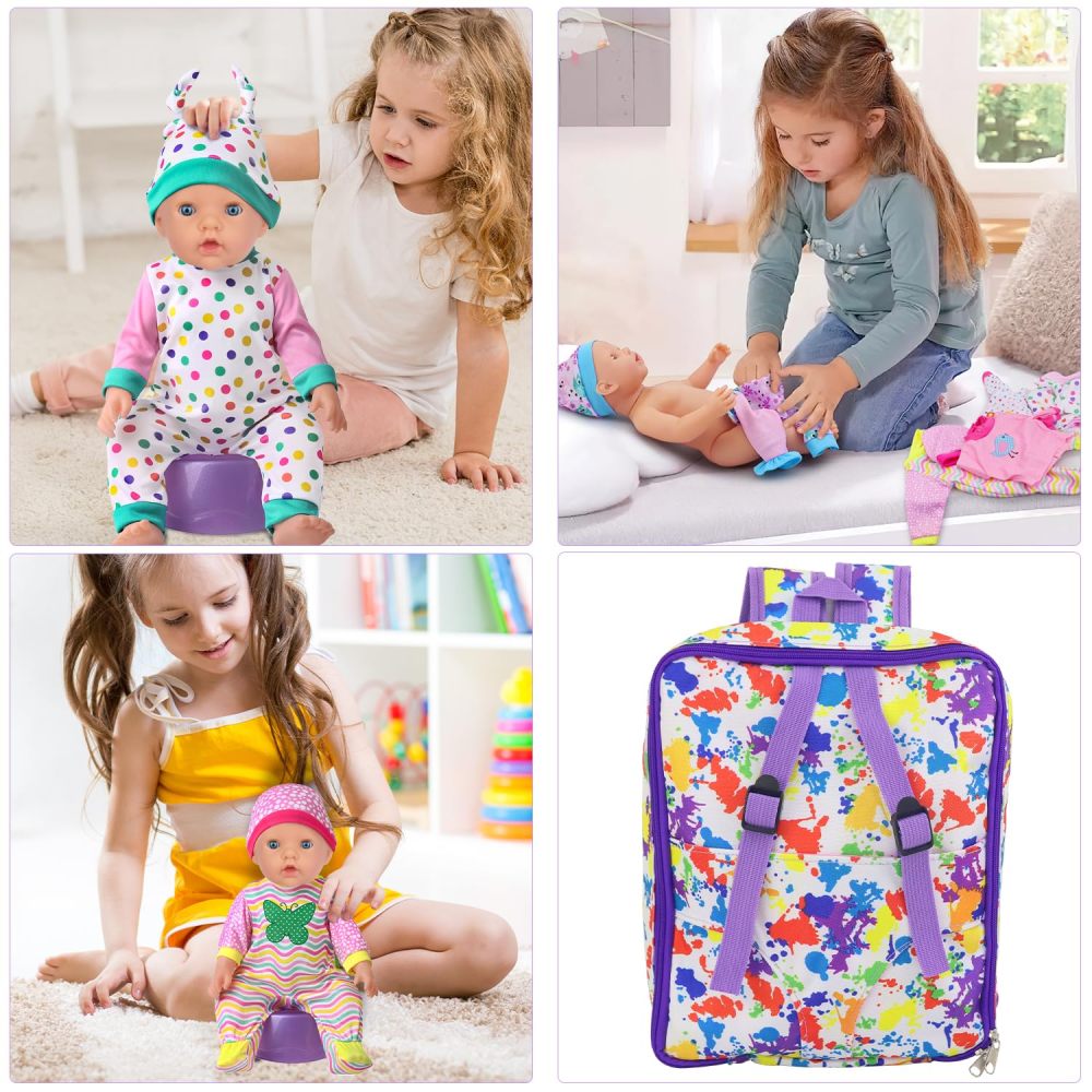 15 PCS Baby Doll Clothes with Carrier Backpack, Doll Bag Fit 16-18 Inch Baby Girl Dolls, Doll Feeding and Caring Playset Includes Jumpsuits, Bowl, Plate, Bottle, Pretend for Toddlers Kids (No Doll)