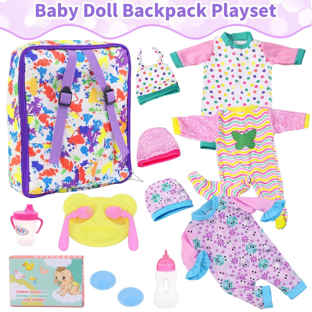 15 PCS Baby Doll Clothes with Carrier Backpack, Doll Bag Fit 16-18 Inch Baby Girl Dolls, Doll Feeding and Caring Playset Includes Jumpsuits, Bowl, Plate, Bottle, Pretend for Toddlers Kids (No Doll)