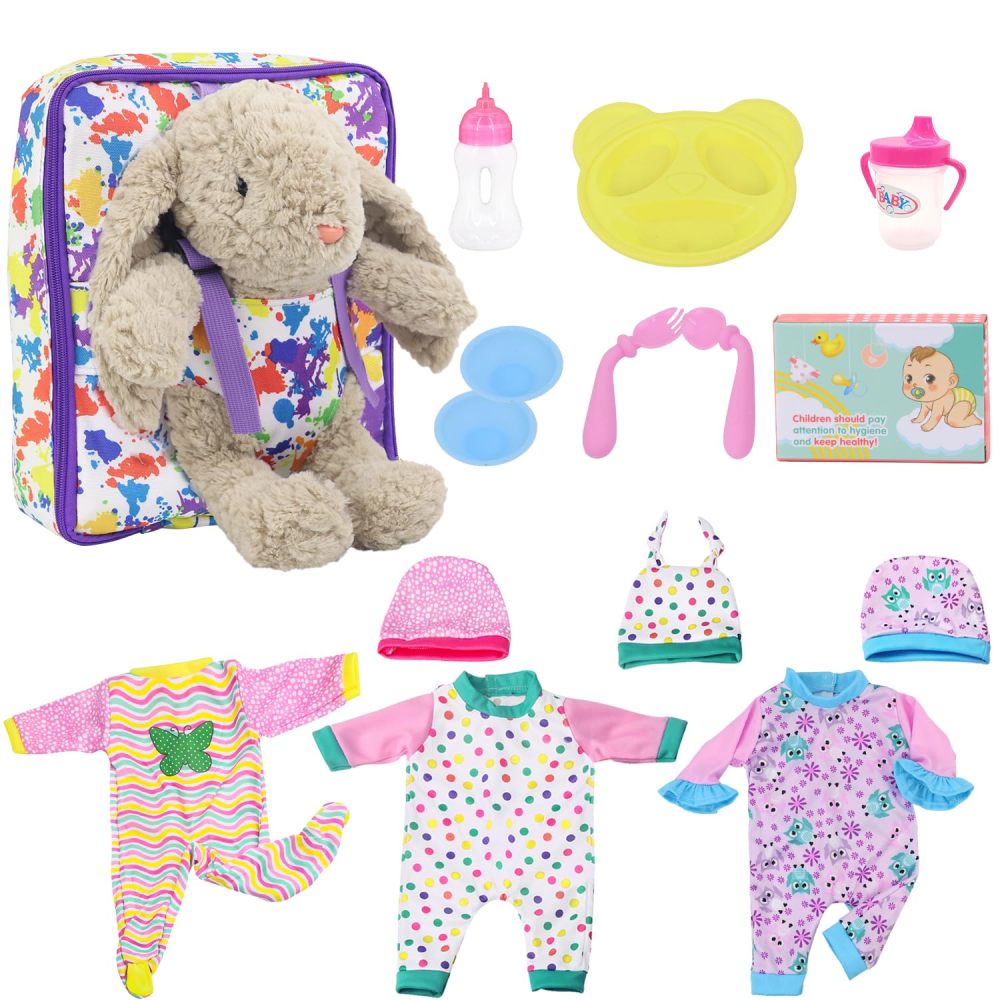 15 PCS Baby Doll Clothes with Carrier Backpack, Doll Bag Fit 16-18 Inch Baby Girl Dolls, Doll Feeding and Caring Playset Includes Jumpsuits, Bowl, Plate, Bottle, Pretend for Toddlers Kids (No Doll)