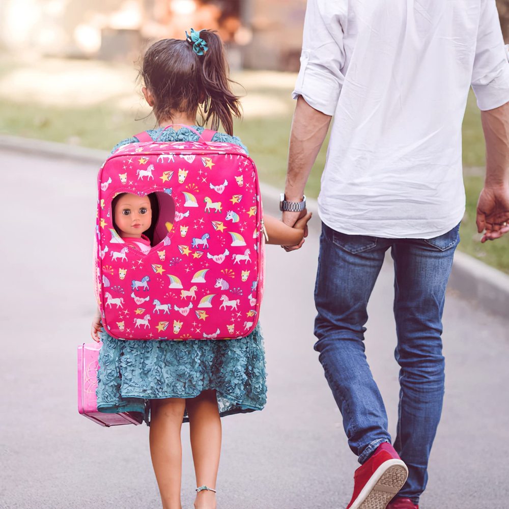 7 PCS 18 inch Dolls Bag Carrier Set and Accessories Including 18 Inch Doll Clothes, Shoes, Sunglasses, Doll Backpack and Toy Unicorn (NO Doll)