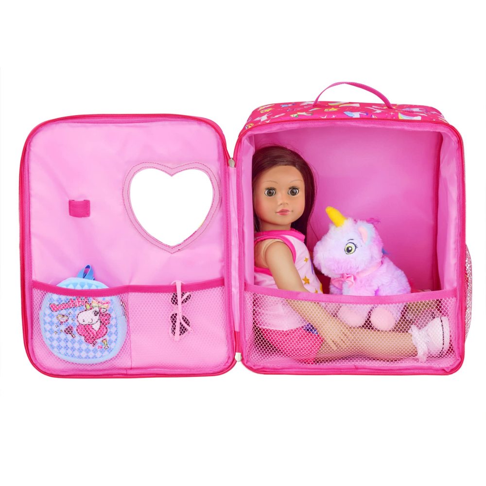 7 PCS 18 inch Dolls Bag Carrier Set and Accessories Including 18 Inch Doll Clothes, Shoes, Sunglasses, Doll Backpack and Toy Unicorn (NO Doll)