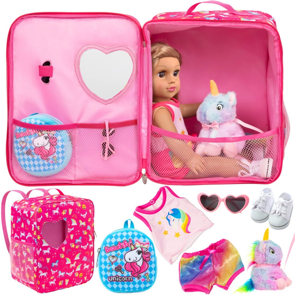 7 PCS 18 inch Dolls Bag Carrier Set and Accessories Including 18 Inch Doll Clothes, Shoes, Sunglasses, Doll Backpack and Toy Unicorn (NO Doll)