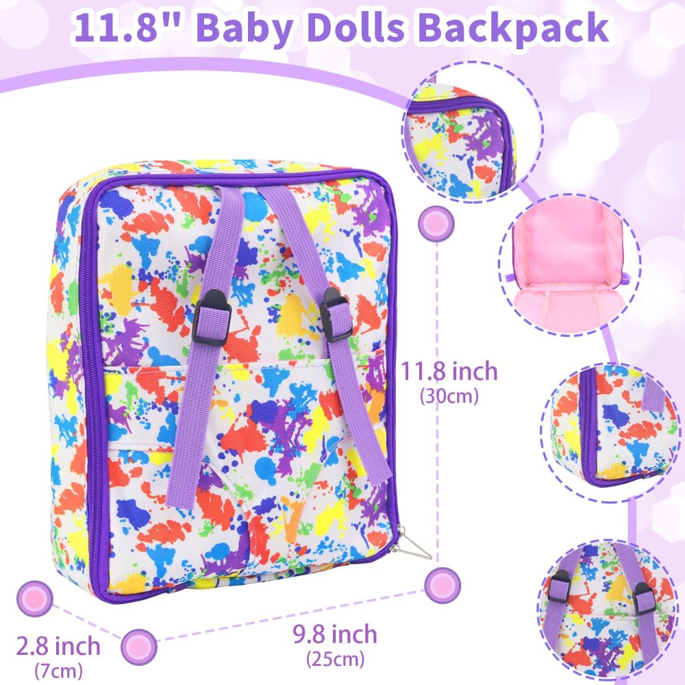 15 PCS Baby Doll Clothes with Carrier Backpack, Doll Bag Fit 16-18 Inch Baby Girl Dolls, Doll Feeding and Caring Playset Includes Jumpsuits, Bowl, Plate, Bottle, Pretend for Toddlers Kids (No Doll)