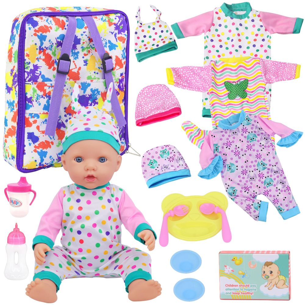 15 PCS Baby Doll Clothes with Carrier Backpack, Doll Bag Fit 16-18 Inch Baby Girl Dolls, Doll Feeding and Caring Playset Includes Jumpsuits, Bowl, Plate, Bottle, Pretend for Toddlers Kids (No Doll)