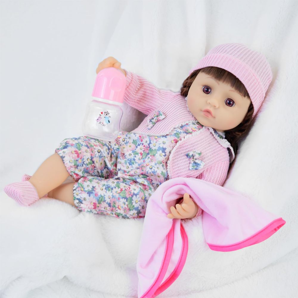 8 Pcs Baby Doll Clothes with Pink Floral Design Bassinet for 17-22 Inch Baby Doll, Baby Doll Clothes Outfit Accessories Fit Reborn Doll