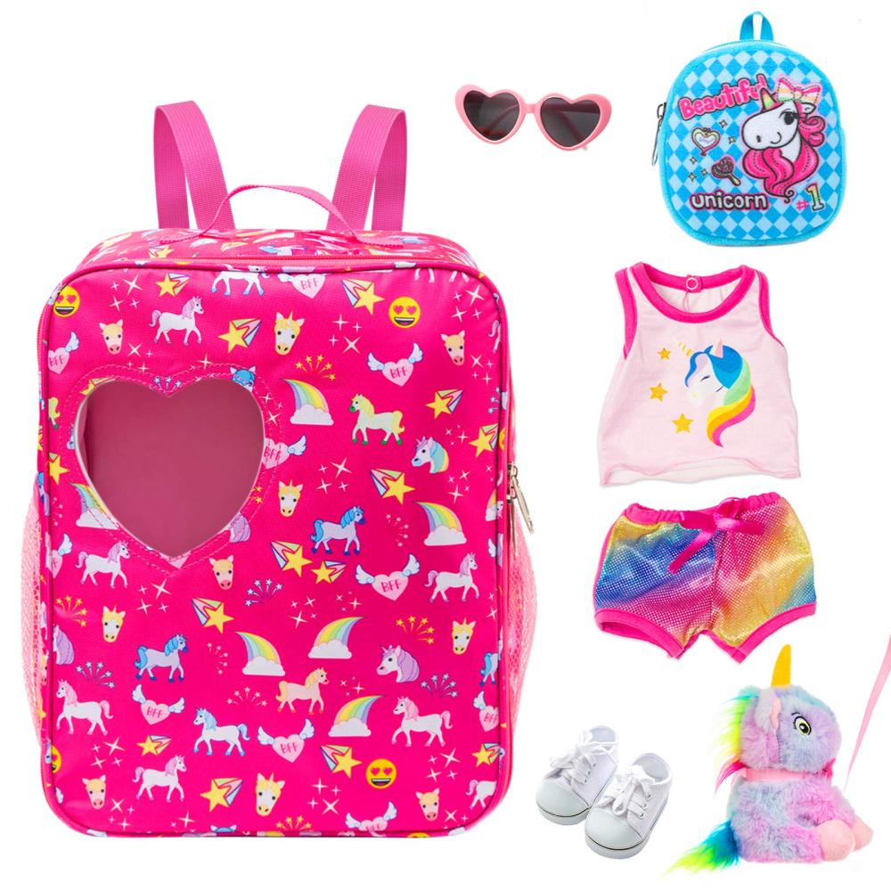 7 PCS 18 inch Dolls Bag Carrier Set and Accessories Including 18 Inch Doll Clothes, Shoes, Sunglasses, Doll Backpack and Toy Unicorn (NO Doll)