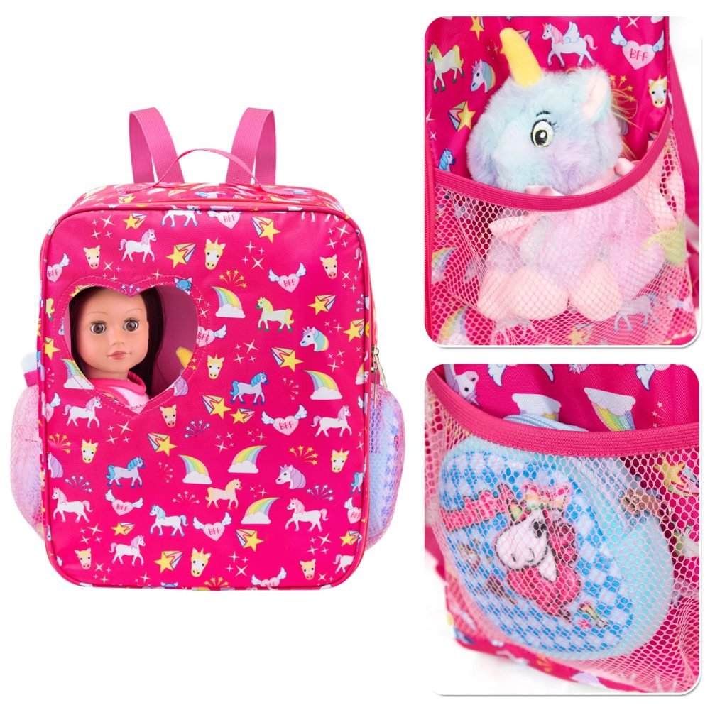 7 PCS 18 inch Dolls Bag Carrier Set and Accessories Including 18 Inch Doll Clothes, Shoes, Sunglasses, Doll Backpack and Toy Unicorn (NO Doll)