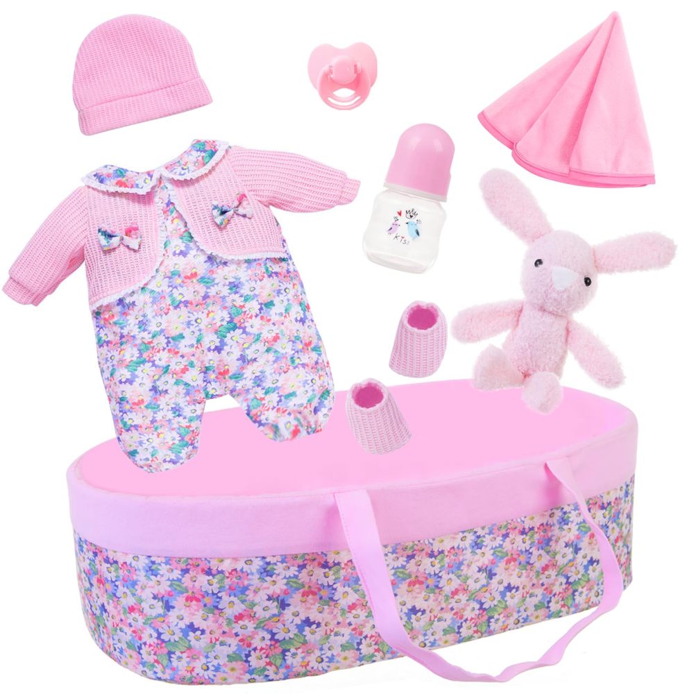 8 Pcs Baby Doll Clothes with Pink Floral Design Bassinet for 17-22 Inch Baby Doll, Baby Doll Clothes Outfit Accessories Fit Reborn Doll