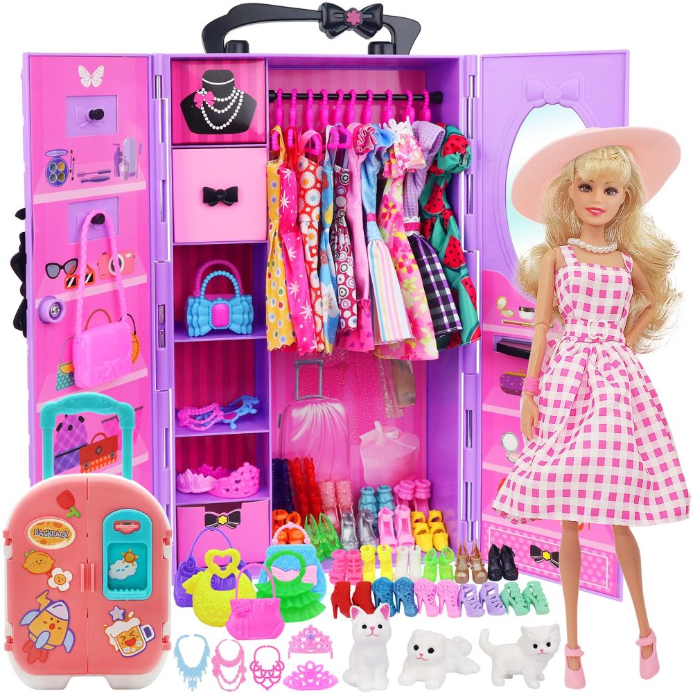 83 Pcs Dolls & Accessories with Doll Closet Wardrobe for 11.5 Inch Doll Dress Up Set Including Wardrobe Shoes Wallet Dress Hangers Brush Necklace Pet and Other Accessories (No Doll)