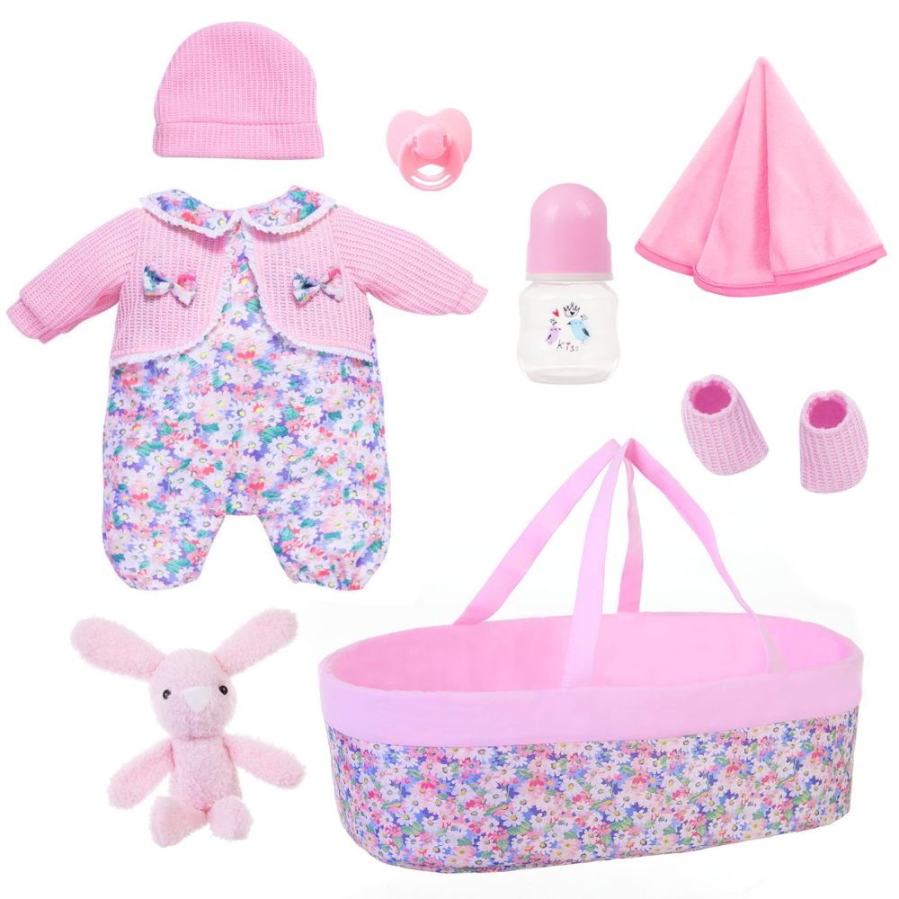 8 Pcs Baby Doll Clothes with Pink Floral Design Bassinet for 17-22 Inch Baby Doll, Baby Doll Clothes Outfit Accessories Fit Reborn Doll