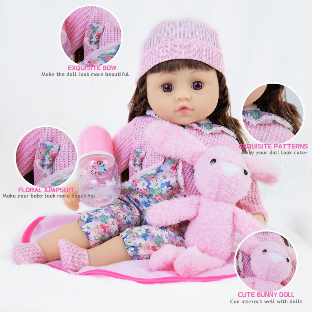 8 Pcs Baby Doll Clothes with Pink Floral Design Bassinet for 17-22 Inch Baby Doll, Baby Doll Clothes Outfit Accessories Fit Reborn Doll
