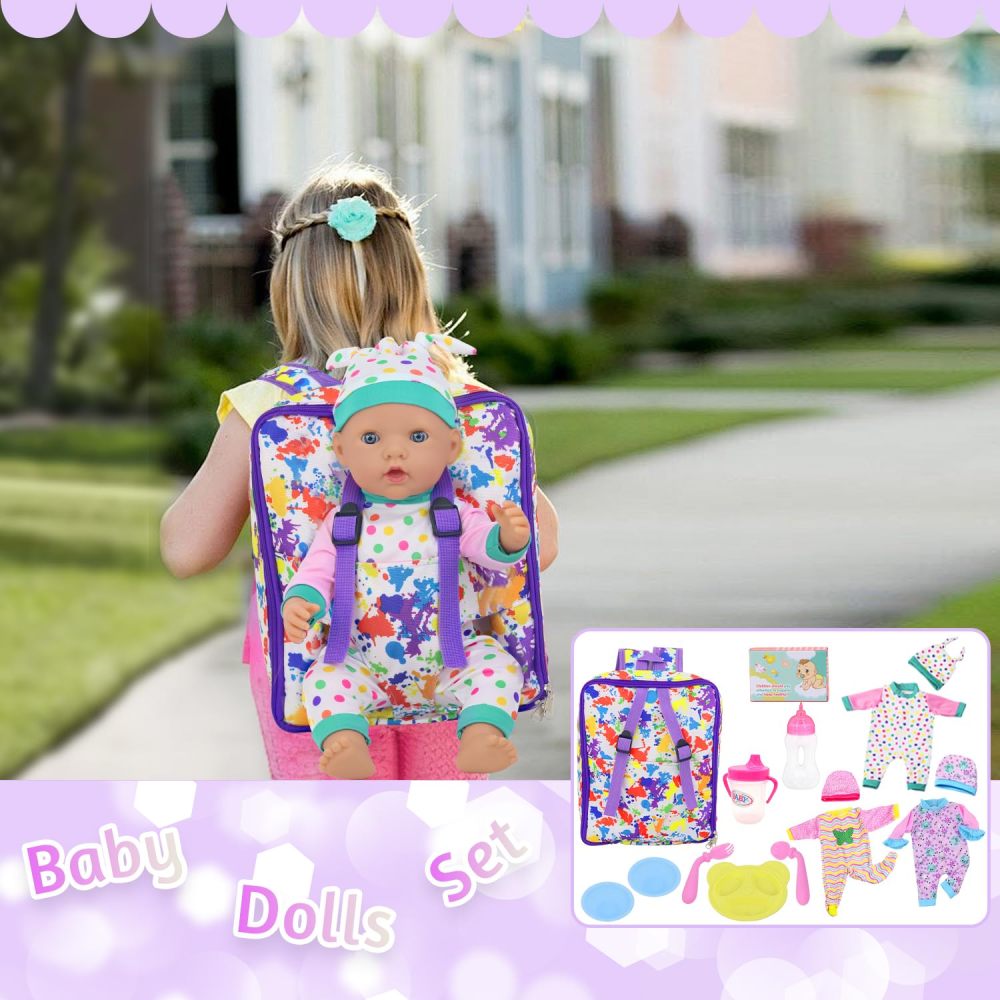15 PCS Baby Doll Clothes with Carrier Backpack, Doll Bag Fit 16-18 Inch Baby Girl Dolls, Doll Feeding and Caring Playset Includes Jumpsuits, Bowl, Plate, Bottle, Pretend for Toddlers Kids (No Doll)