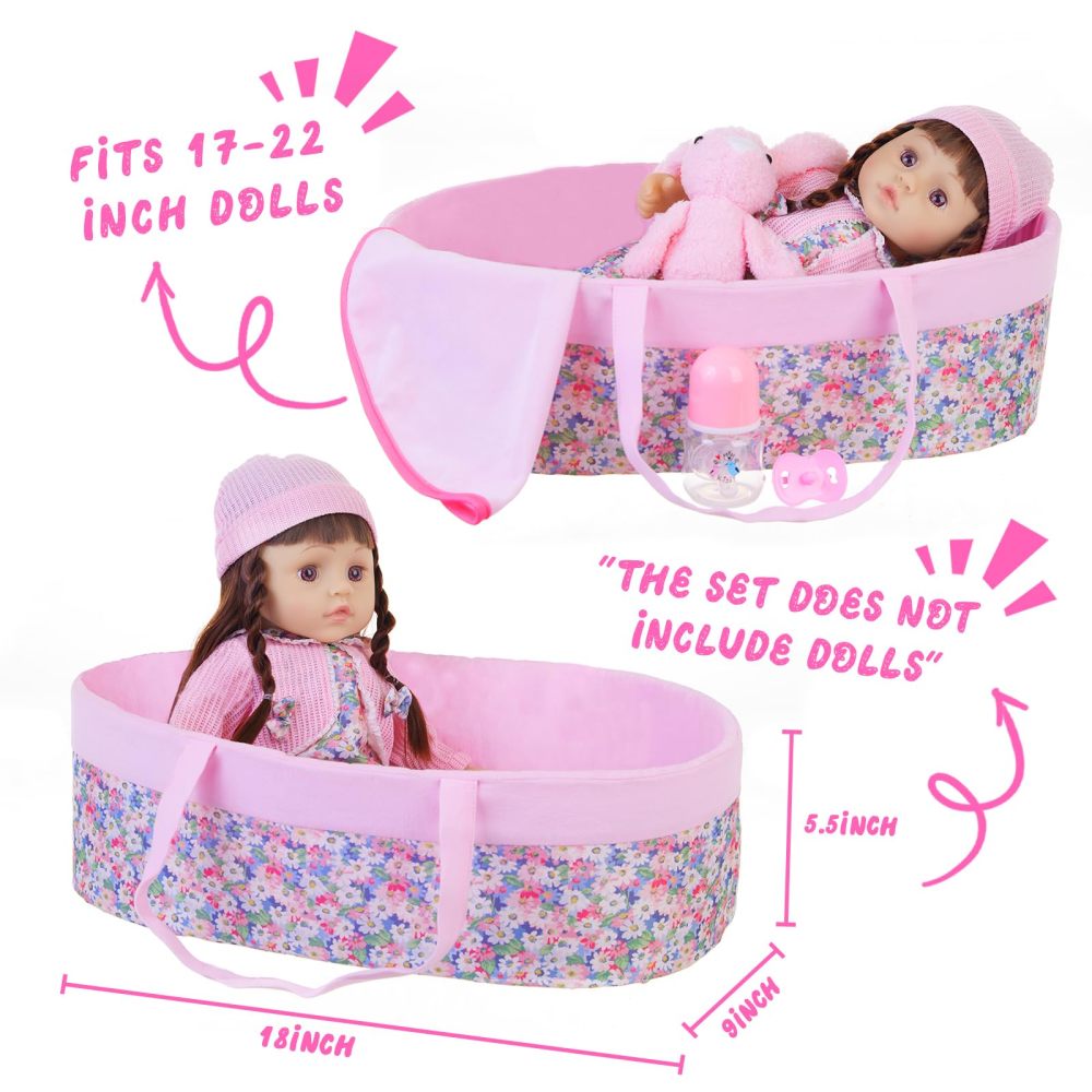 8 Pcs Baby Doll Clothes with Pink Floral Design Bassinet for 17-22 Inch Baby Doll, Baby Doll Clothes Outfit Accessories Fit Reborn Doll