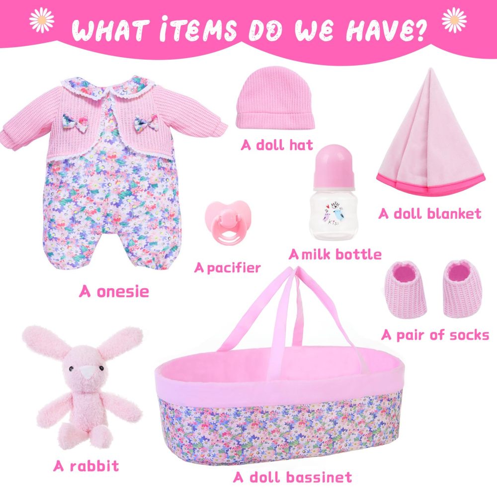8 Pcs Baby Doll Clothes with Pink Floral Design Bassinet for 17-22 Inch Baby Doll, Baby Doll Clothes Outfit Accessories Fit Reborn Doll
