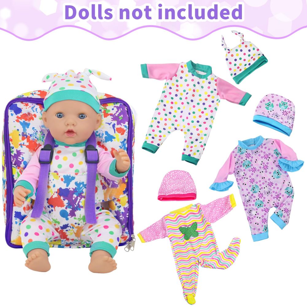 15 PCS Baby Doll Clothes with Carrier Backpack, Doll Bag Fit 16-18 Inch Baby Girl Dolls, Doll Feeding and Caring Playset Includes Jumpsuits, Bowl, Plate, Bottle, Pretend for Toddlers Kids (No Doll)