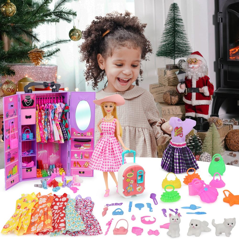 83 Pcs Dolls & Accessories with Doll Closet Wardrobe for 11.5 Inch Doll Dress Up Set Including Wardrobe Shoes Wallet Dress Hangers Brush Necklace Pet and Other Accessories (No Doll)