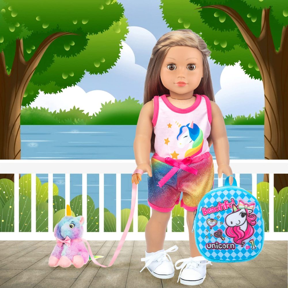 7 PCS 18 inch Dolls Bag Carrier Set and Accessories Including 18 Inch Doll Clothes, Shoes, Sunglasses, Doll Backpack and Toy Unicorn (NO Doll)