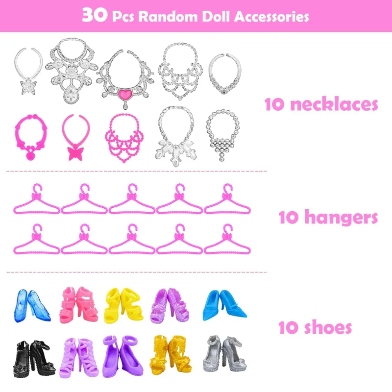 43 Pcs Doll Clothes and Accessories, 2 Wedding Gowns 2 Fashion Skirts 5 Mini Dresses 2 Fashion Clothes Sets 2 Bikini Swimsuits 10 Hangers 10 Necklaces 10 Shoes Perfect for 11.5 Inch Dolls