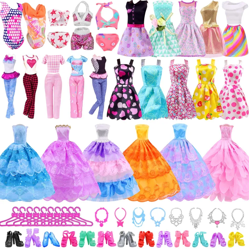 43 Pcs Doll Clothes and Accessories, 2 Wedding Gowns 2 Fashion Skirts 5 Mini Dresses 2 Fashion Clothes Sets 2 Bikini Swimsuits 10 Hangers 10 Necklaces 10 Shoes Perfect for 11.5 Inch Dolls