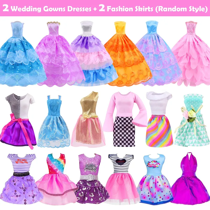43 Pcs Doll Clothes and Accessories, 2 Wedding Gowns 2 Fashion Skirts 5 Mini Dresses 2 Fashion Clothes Sets 2 Bikini Swimsuits 10 Hangers 10 Necklaces 10 Shoes Perfect for 11.5 Inch Dolls