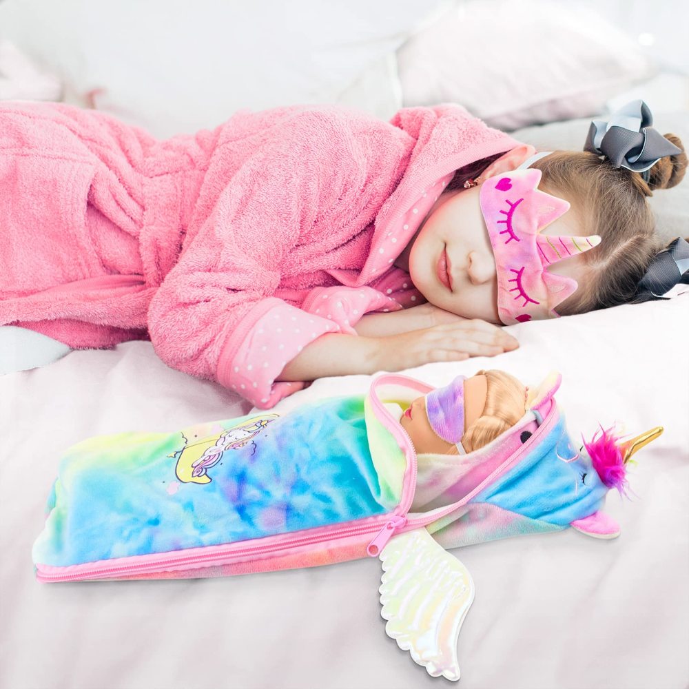 14.5 Inch Girl Doll Clothes and Sleeping Bag Set -14 to 14.5 Inch Doll Unicorn Nightgown with Matching Shoes Pillow & Eye Mask for Kids Best Gifts