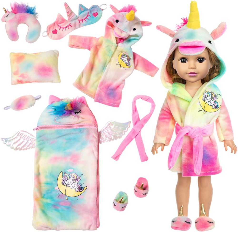 14.5 Inch Girl Doll Clothes and Sleeping Bag Set -14 to 14.5 Inch Doll Unicorn Nightgown with Matching Shoes Pillow & Eye Mask for Kids Best Gifts