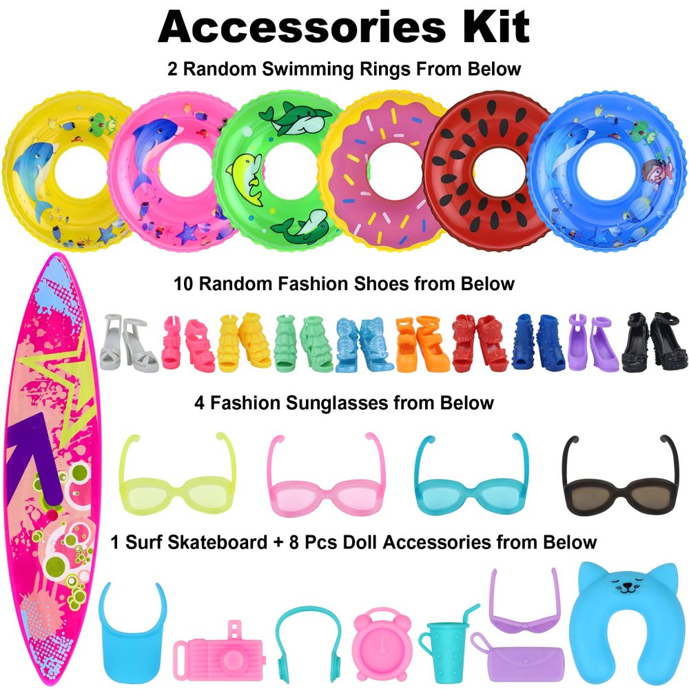 35 PCS Doll Clothes Swimwear Beach Bathing Kit including 10 Bikini Swimsuit 2 Swimming Ring 4 Fashion Glasses 10 Pairs Shoes 1 Surf Skateboard 8 doll accessories for 11.5 Inch Doll