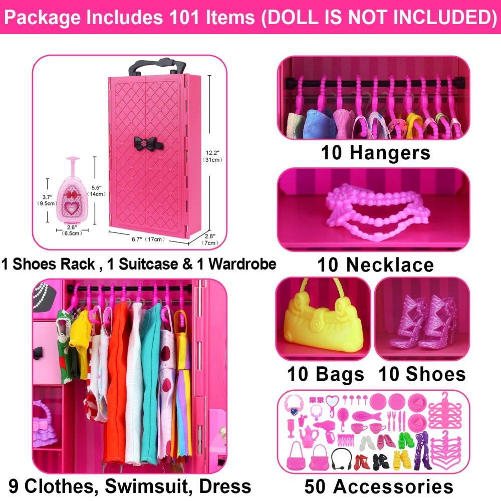 11.5 Inch Girl Doll Closet Wardrobe with Clothes and Accessories Set 101 Pcs Including Wardrobe Suitcase Clothes Dresses Swimsuits Shoes Hangers Necklace Bags and Other Stuff