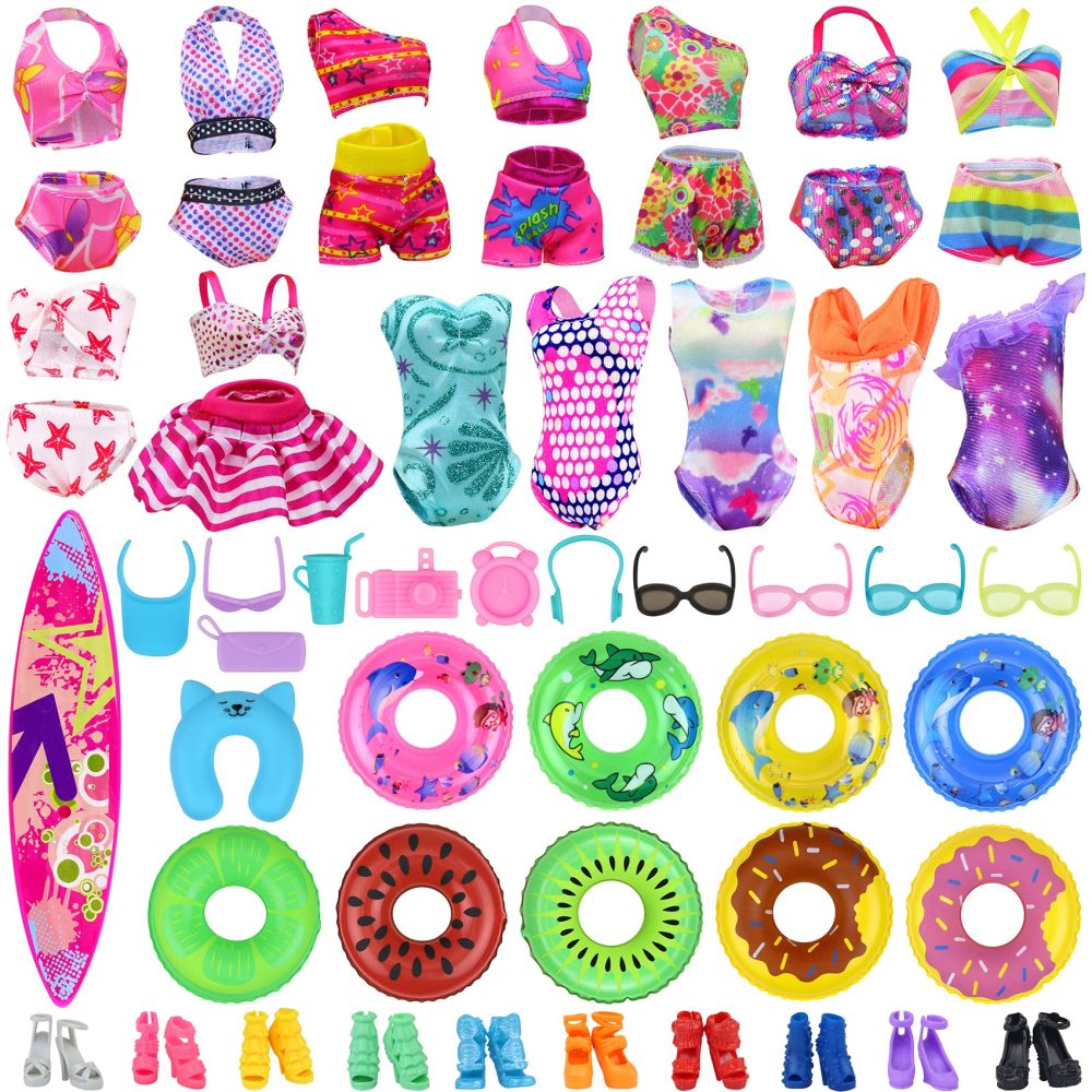 35 PCS Doll Clothes Swimwear Beach Bathing Kit including 10 Bikini Swimsuit 2 Swimming Ring 4 Fashion Glasses 10 Pairs Shoes 1 Surf Skateboard 8 doll accessories for 11.5 Inch Doll