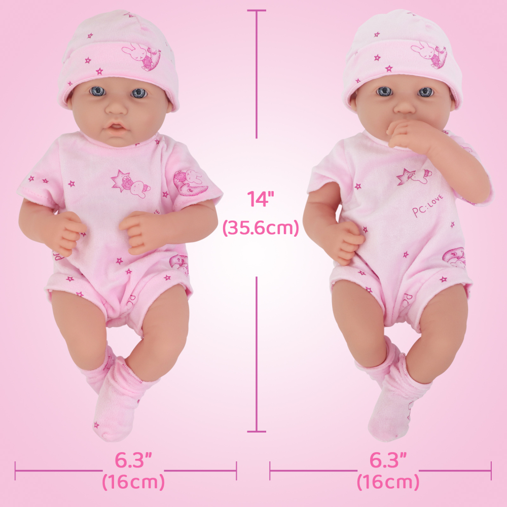 14 Inch Baby Doll and Doll Clothes Accessories Set, Reborn Vinyl Body Baby Doll Playset with Hat, Socks, Bottle,Toy Rattle, Pacifier for Toddlers Girls