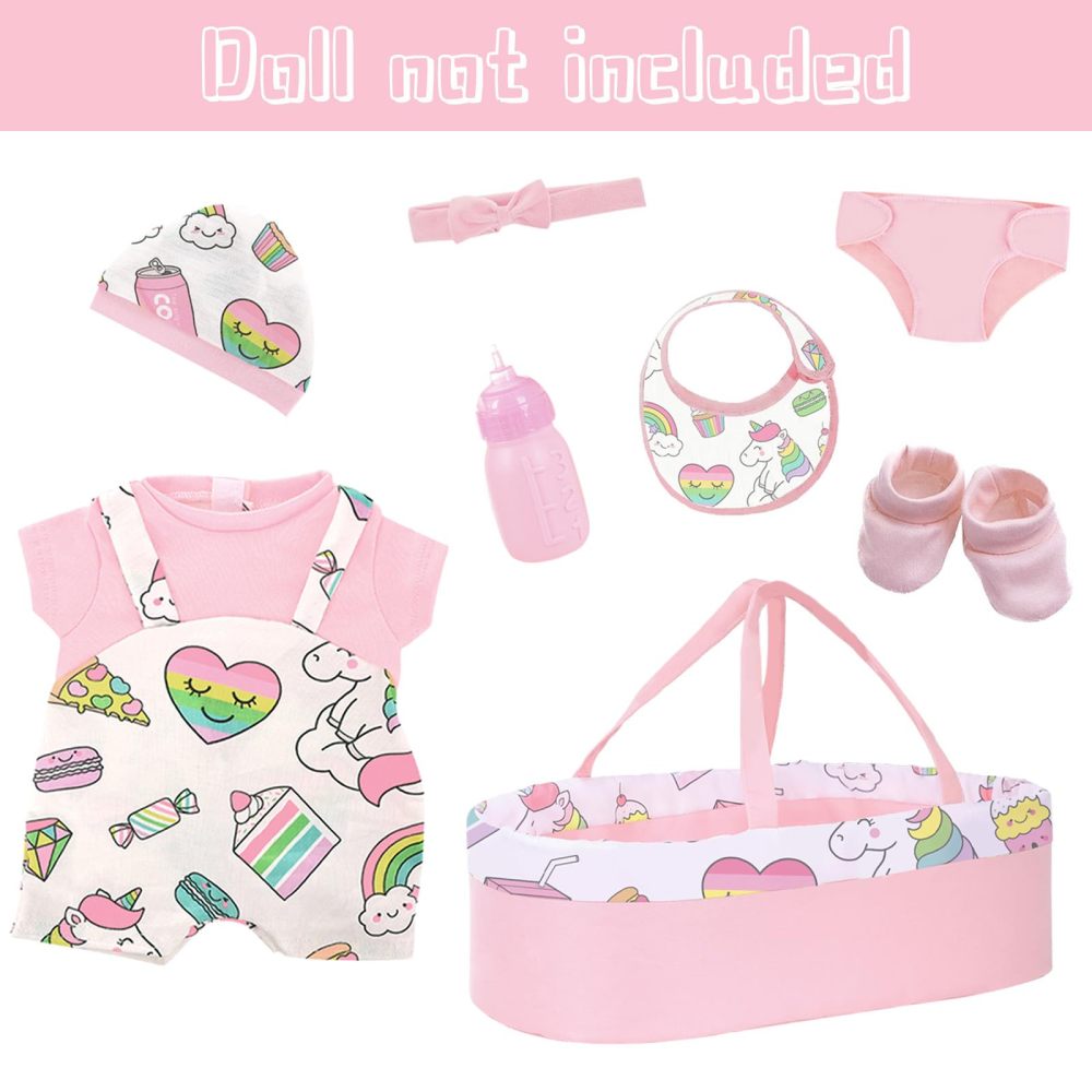 8 Pcs Creamy Pink Baby Doll Bassinet & Accessories fit 14-18 Inch Doll, Baby Doll Clothes Outfit and Bassinet with Unicorn and Rainbow Pattern