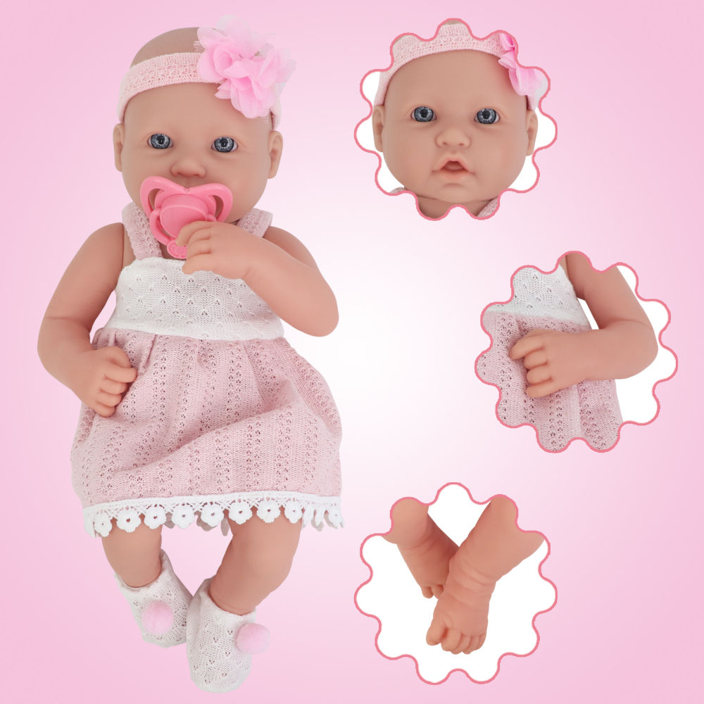 14 Inch Baby Doll and Doll Clothes Accessories Set, Reborn Vinyl Body Baby Doll Playset with Hat, Socks, Bottle,Toy Rattle, Pacifier for Toddlers Girls