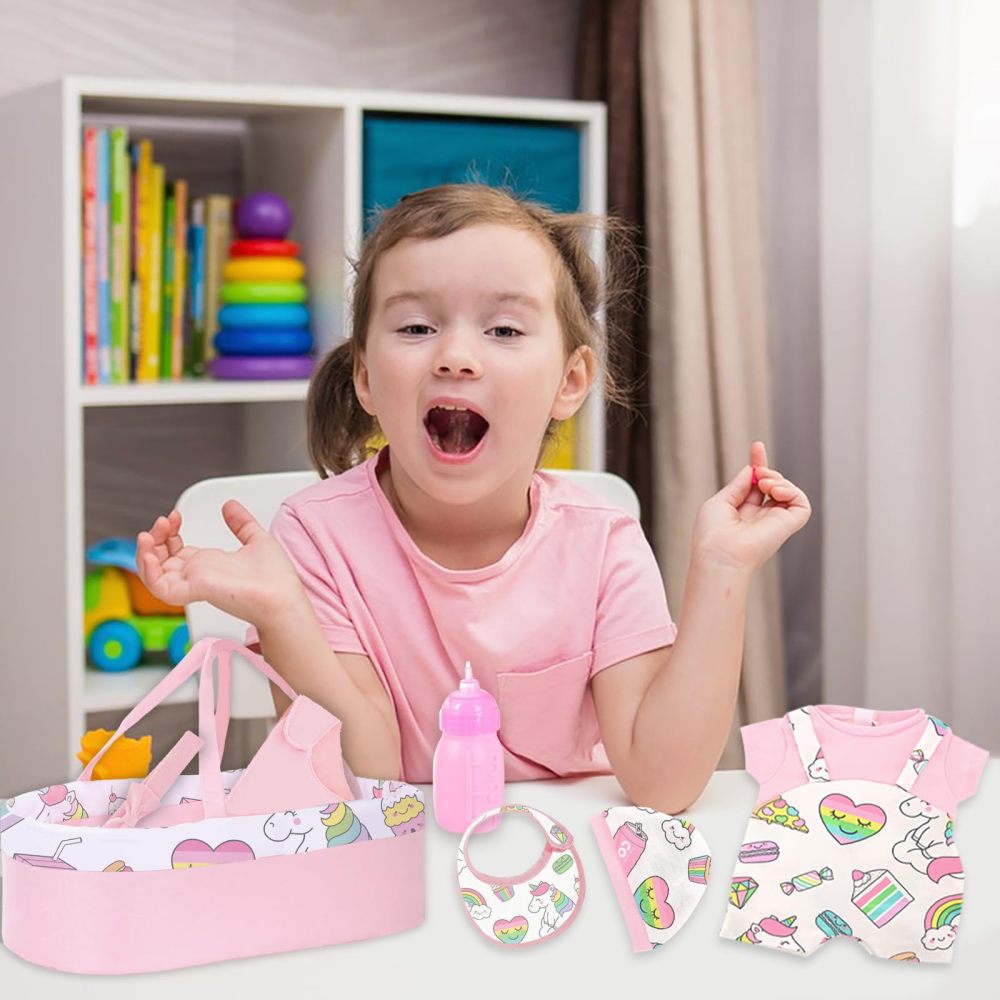 8 Pcs Creamy Pink Baby Doll Bassinet & Accessories fit 14-18 Inch Doll, Baby Doll Clothes Outfit and Bassinet with Unicorn and Rainbow Pattern