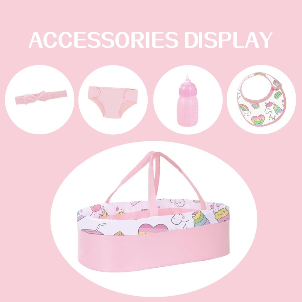8 Pcs Creamy Pink Baby Doll Bassinet & Accessories fit 14-18 Inch Doll, Baby Doll Clothes Outfit and Bassinet with Unicorn and Rainbow Pattern