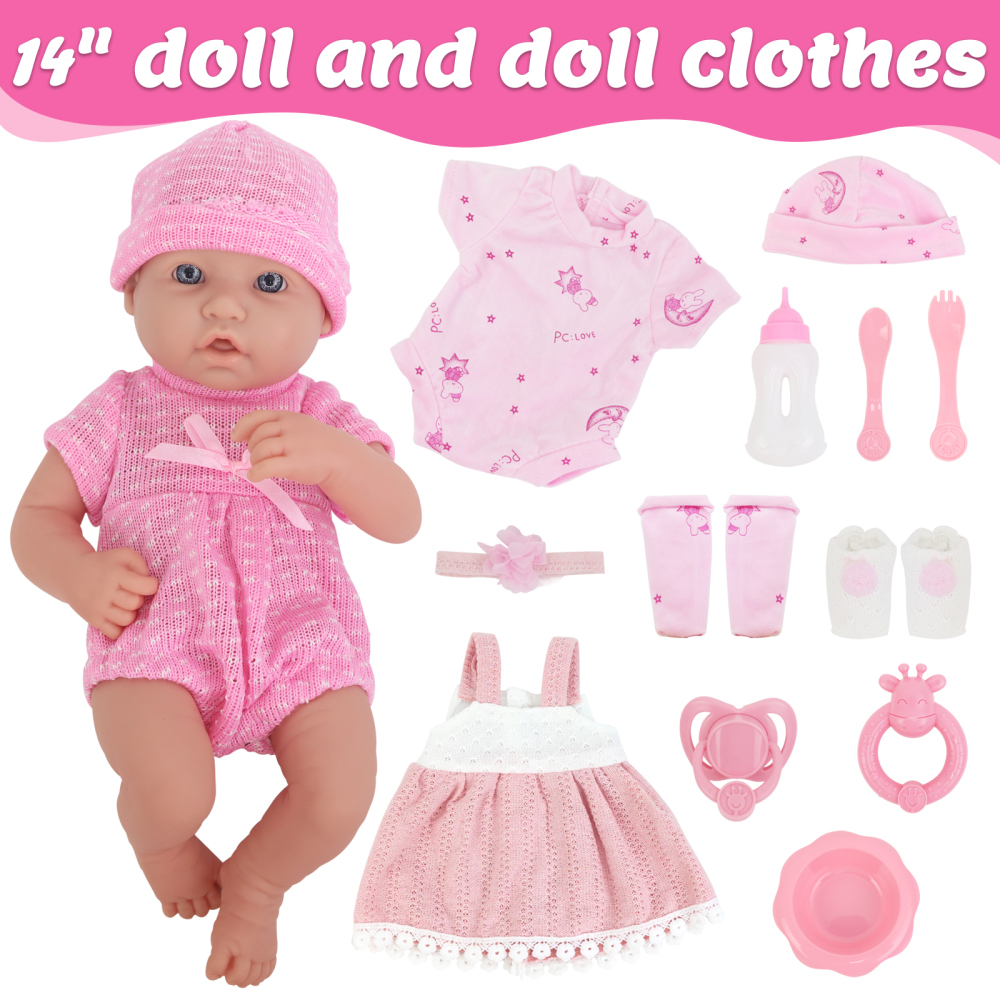 14 Inch Baby Doll and Doll Clothes Accessories Set, Reborn Vinyl Body Baby Doll Playset with Hat, Socks, Bottle,Toy Rattle, Pacifier for Toddlers Girls