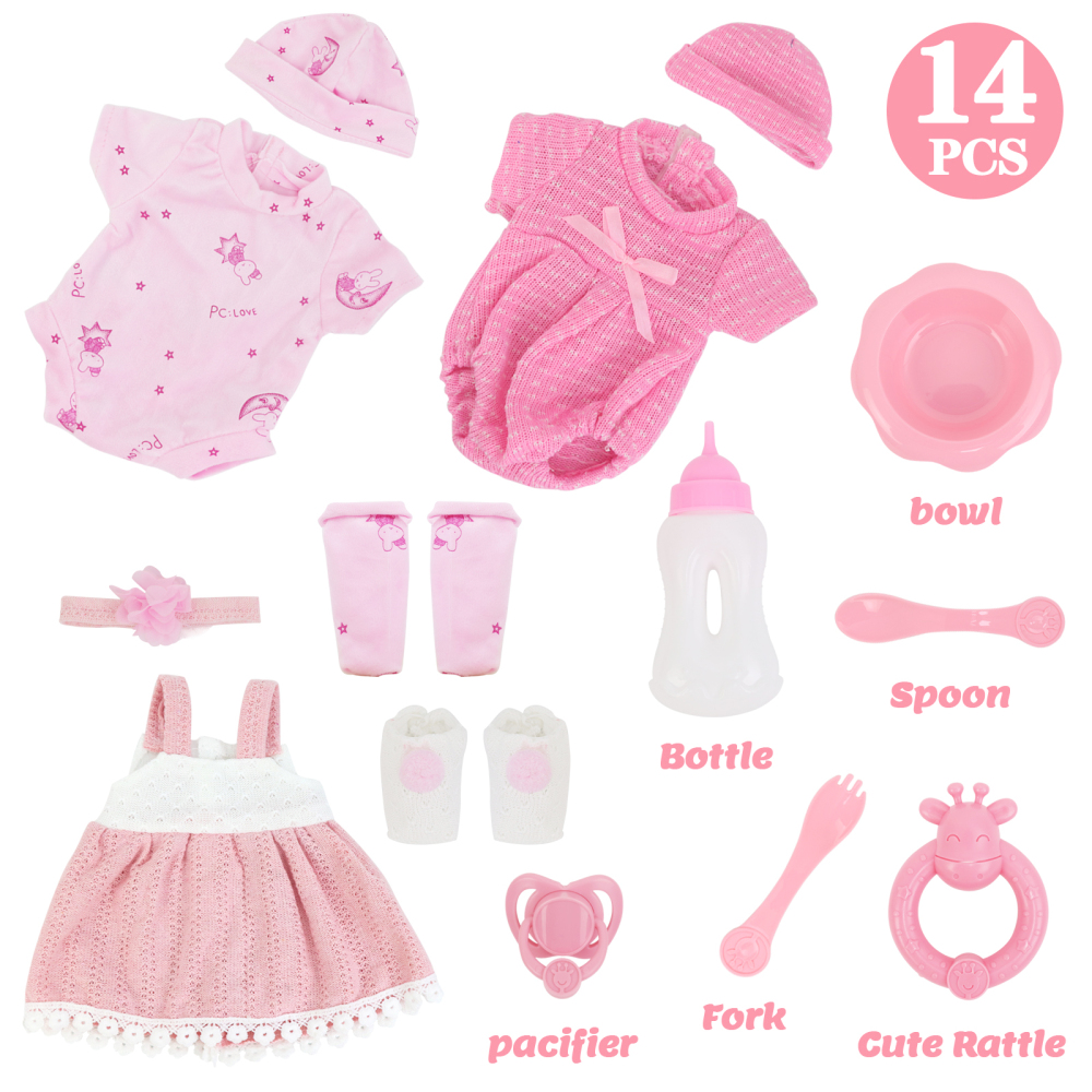 14 Inch Baby Doll and Doll Clothes Accessories Set, Reborn Vinyl Body Baby Doll Playset with Hat, Socks, Bottle,Toy Rattle, Pacifier for Toddlers Girls