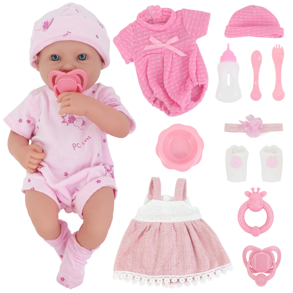 14 Inch Baby Doll and Doll Clothes Accessories Set, Reborn Vinyl Body Baby Doll Playset with Hat, Socks, Bottle,Toy Rattle, Pacifier for Toddlers Girls