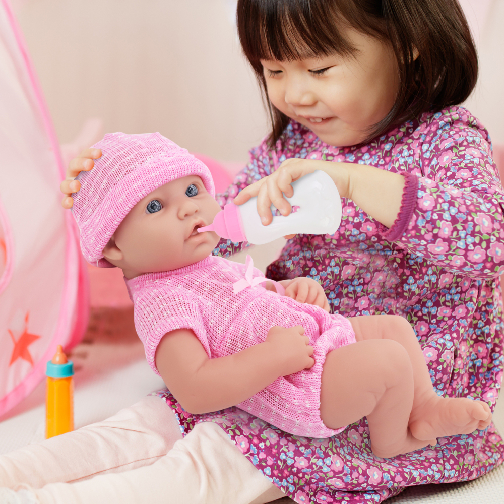 14 Inch Baby Doll and Doll Clothes Accessories Set, Reborn Vinyl Body Baby Doll Playset with Hat, Socks, Bottle,Toy Rattle, Pacifier for Toddlers Girls