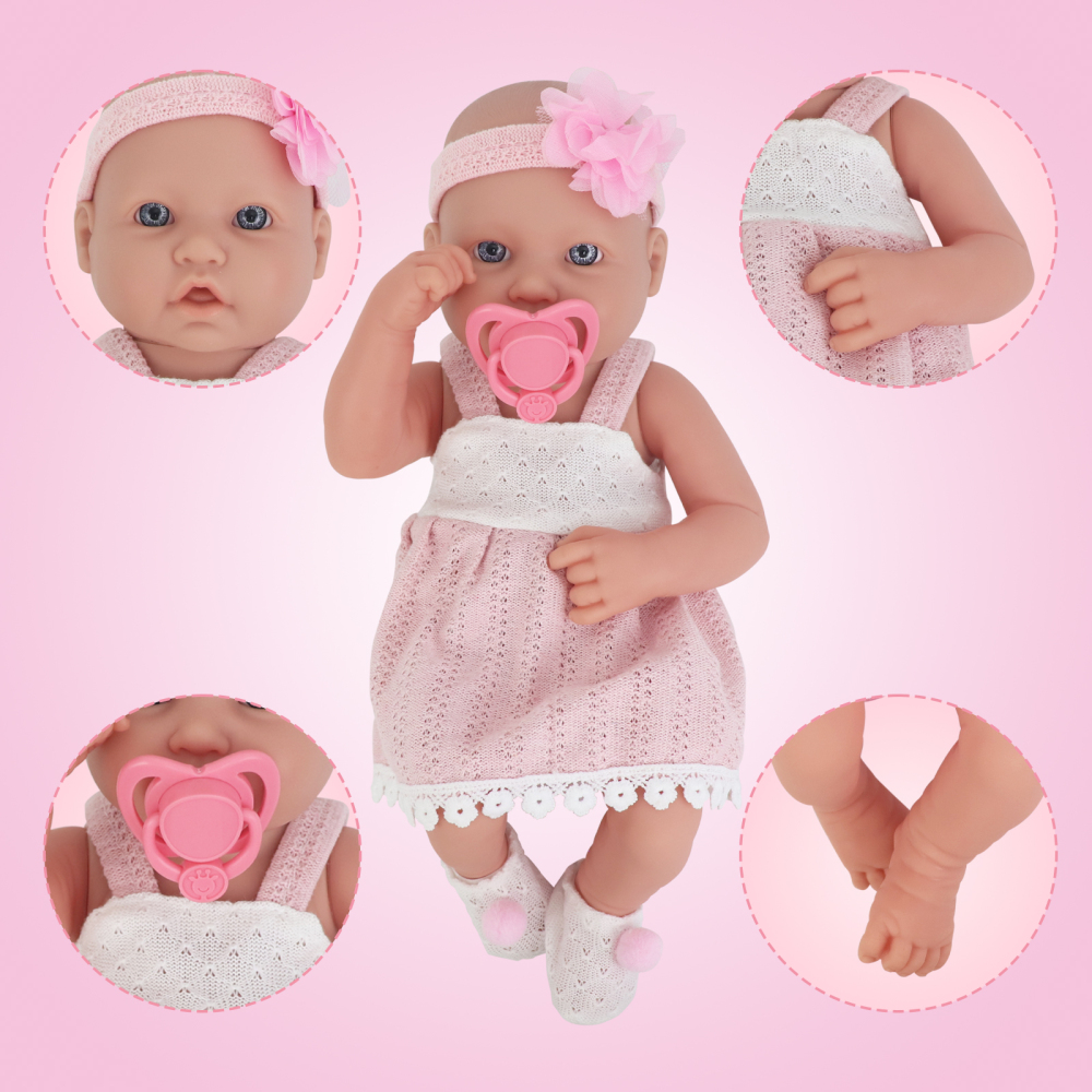 14 Inch Baby Doll and Doll Clothes Accessories Set, Reborn Vinyl Body Baby Doll Playset with Hat, Socks, Bottle,Toy Rattle, Pacifier for Toddlers Girls