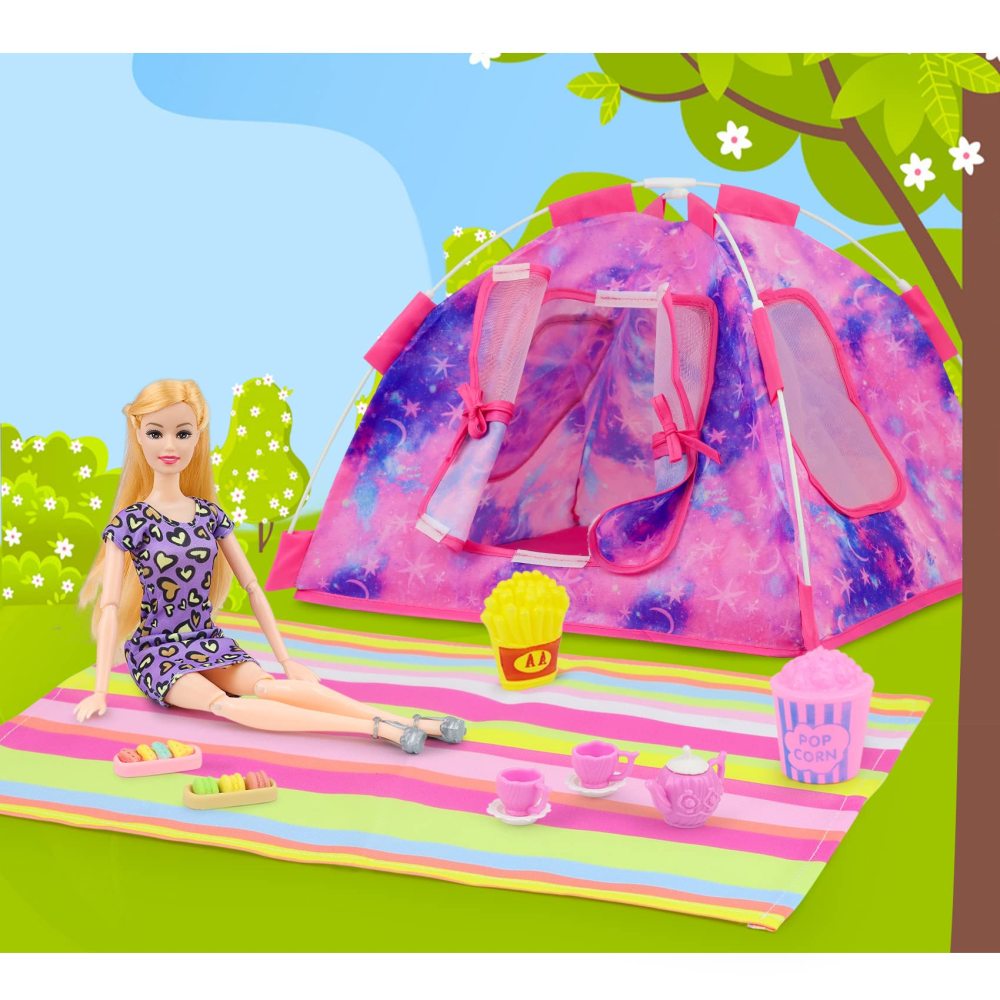 18 PCS Girl Doll Travel Camping Tent Set and Accessories for 11.5 Inch Girl Doll Includes Doll Tent, Clothes, Backpack, Toy Dog, Placemat, Toy Phone, Glasses (Doll NOT Included)